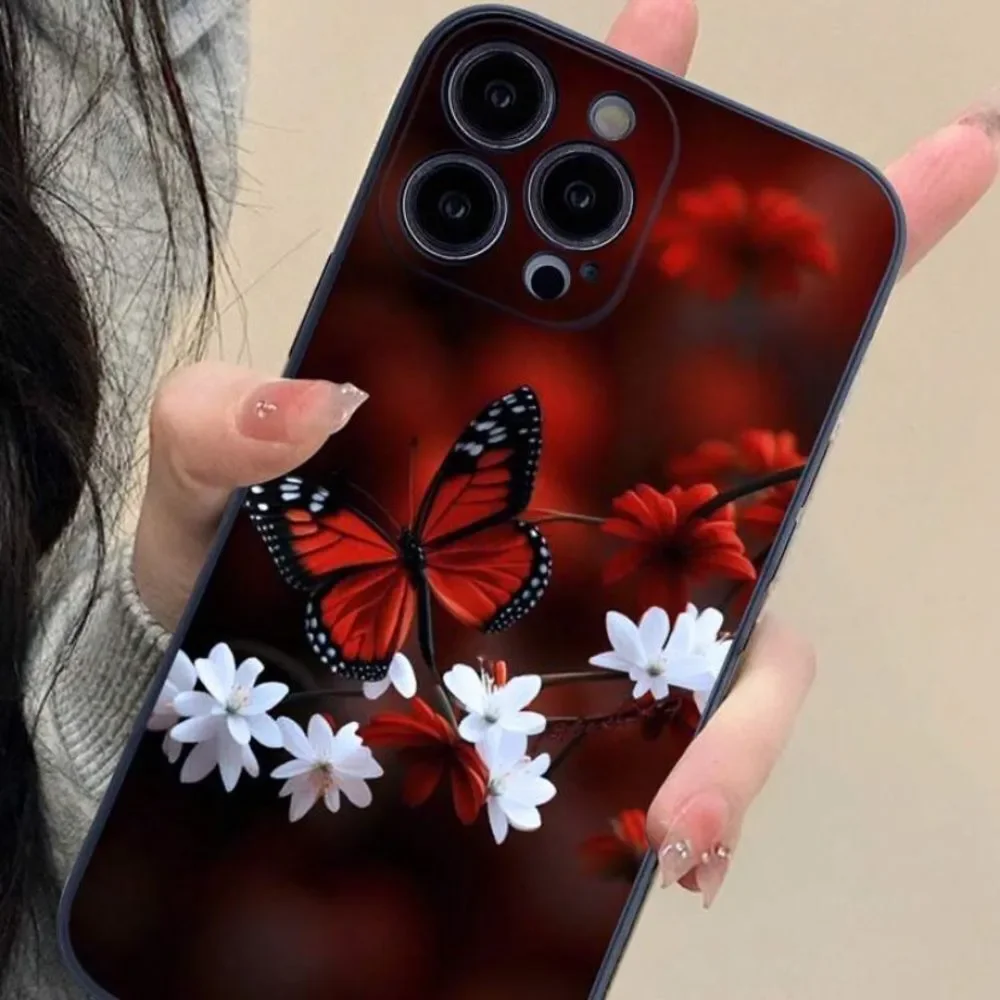 3for$20 1pc Black Anti-Drop Edged Butterfly & Flower Painted Phone 15 pro max